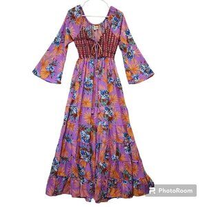 Penelope Chic Dress Purple Tropical Print Bell Sleeve Sz S Resort Wear Festival